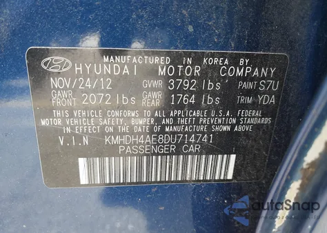 2013 Hyundai Elantra Gls из США, поврежденный, VIN KMHDH4AE8DU714741